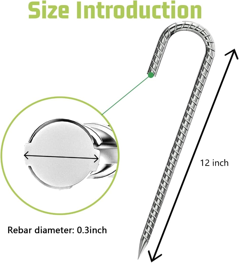 Ground-Stakes-Heavy-Duty-12 inch, J-Hook Rebar Stakes Galvanized Anti-Rust 20pcs Garden Stakes Metal Ground Anchors for Garden Dog Fence Chicken Coop Christmas Decorations Deer Fence