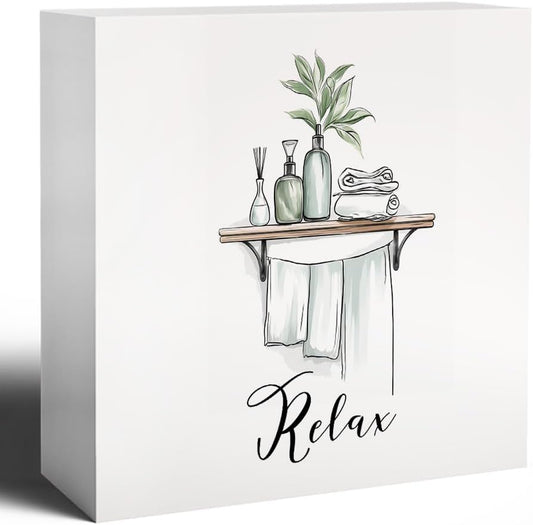 Relax Funny Bathroom Wooden Box Sign, Eucalyptus Botanical Wood Signs for Restroom Bathroom Toilet Half Bath Shelf Counter Decor, 5x5 Inch