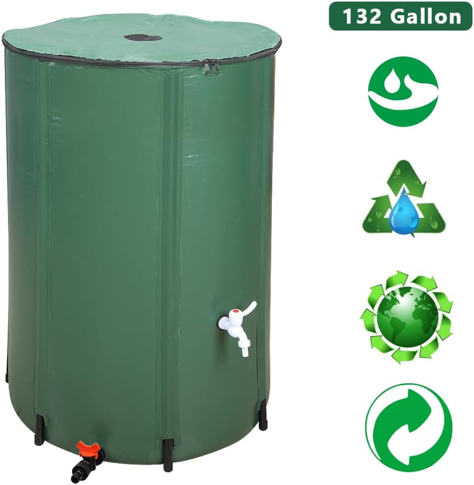 132 Gallon Collapsible Rain Barrel, Water Storage Tank, Portable Rainwater Collection System, Rain Catcher Barrel with Two Spigots and Overflow Kit, Rain Water Barrel Collector for Garden, Green