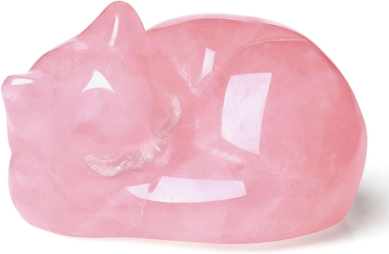 LAIDANLA Sleeping Cat Statue Pink Rose Quartz Healing Gemstone Hand Carved Cute Kitten Statue Figurine 1.6" Decor Polished Stone Reiki Bedroom Office Desk Home Decoration Gifts