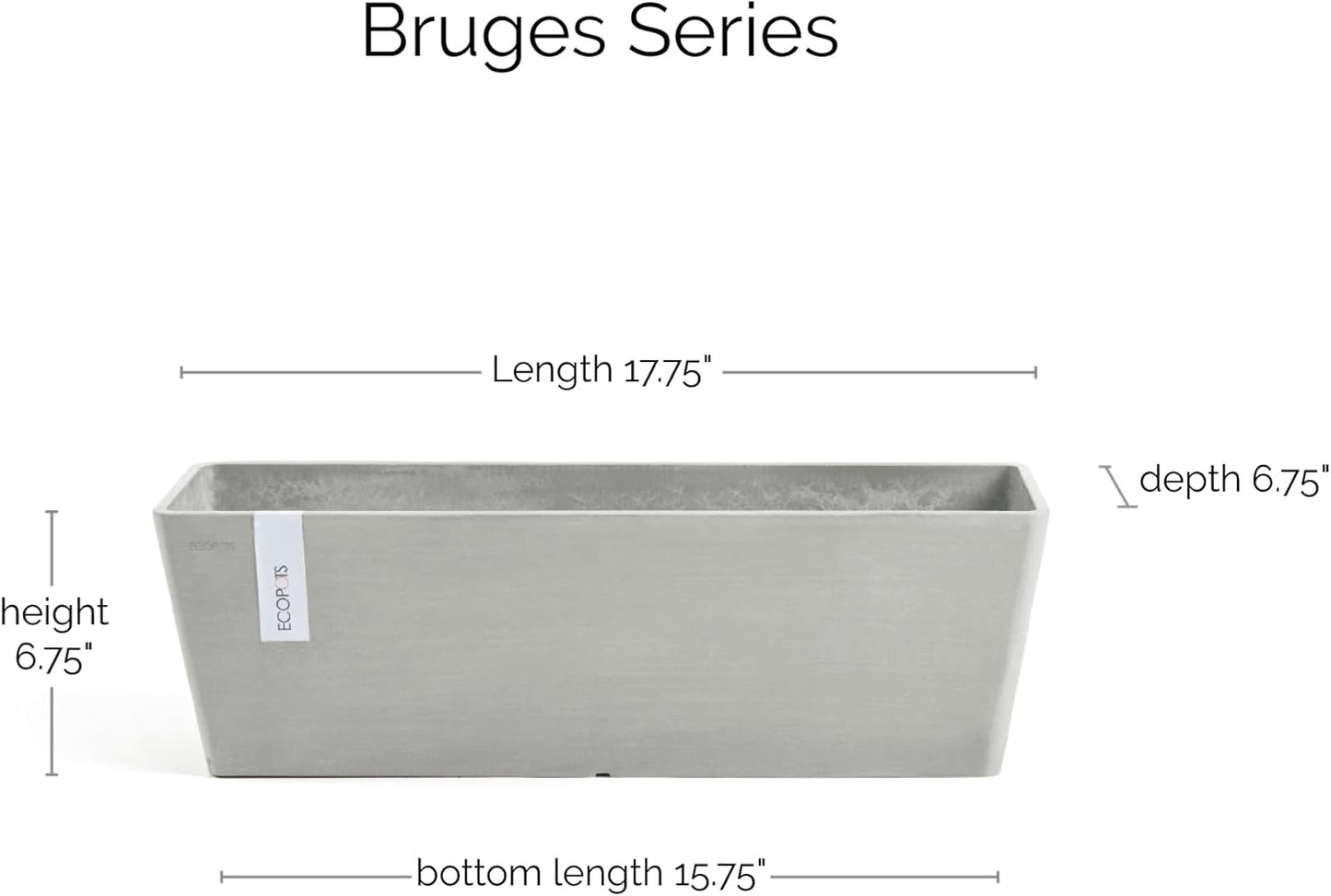 Ecopots Bruges Durable Modern Rectangular Indoor/Outdoor Recycled-Based Composite Flower Pot Planter, White Grey, 17.75"