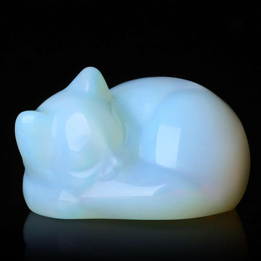 LAIDANLA Opal Sleeping Cat Statue Healing Crystals Moonstones Hand Carved Cute Kitten Figurine Sculpture 1.6" Opalite White Gemstone Decor Polished Stone Reiki Office Desk Home Decoration Gifts
