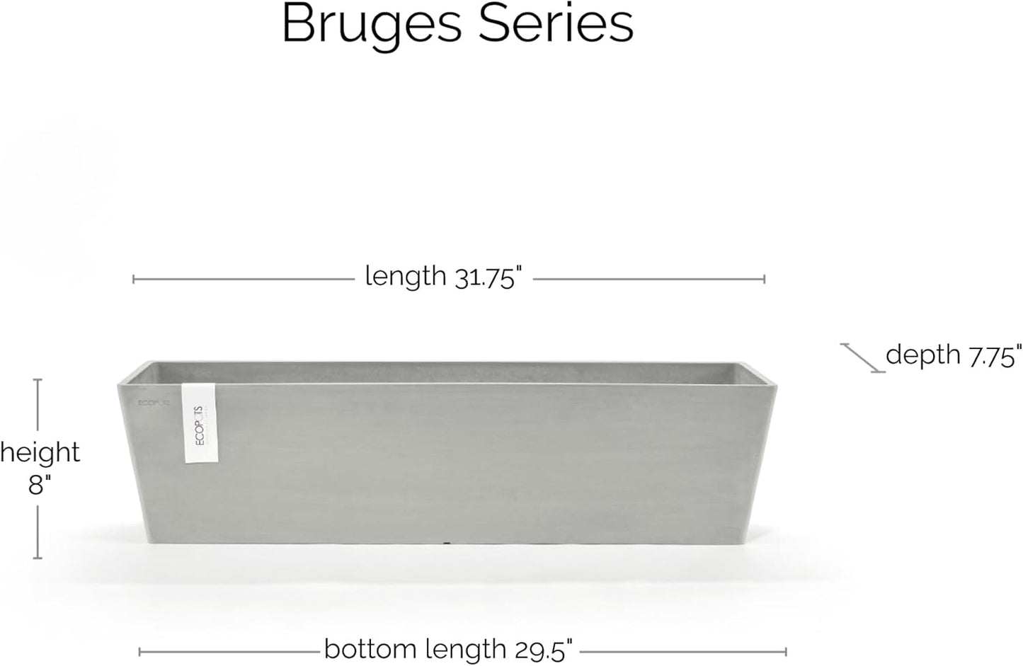 Ecopots Bruges Durable Modern Rectangular Indoor/Outdoor Recycled-Based Composite Flower Pot Planter, White Grey, 31.5"