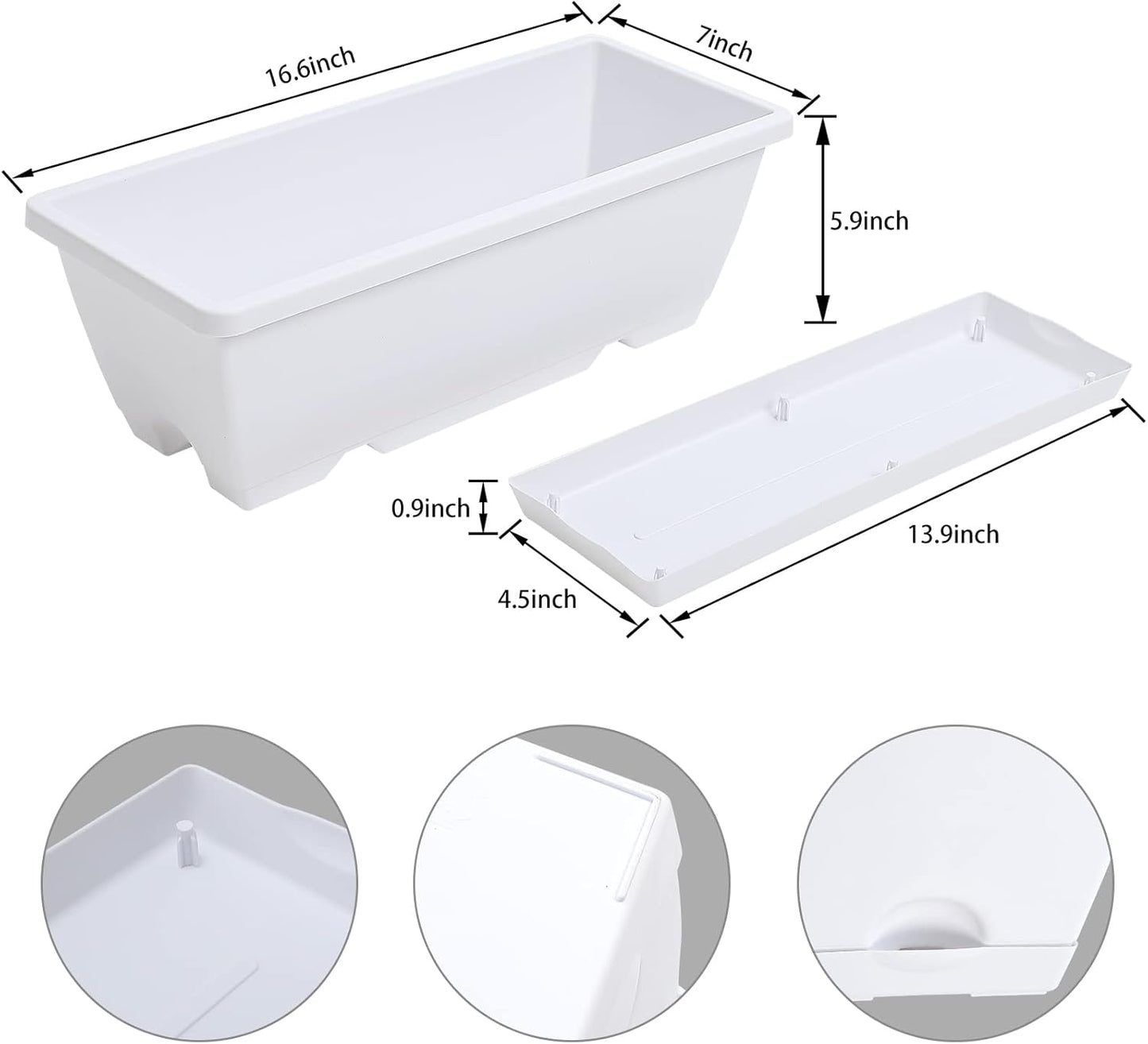 Window Box Planter, 7 Pack Plastic Vegetable Flower Planters Boxes 17 Inches Rectangular Flower Pots with Saucers for Indoor Outdoor Garden, Patio, Home Decor (White)