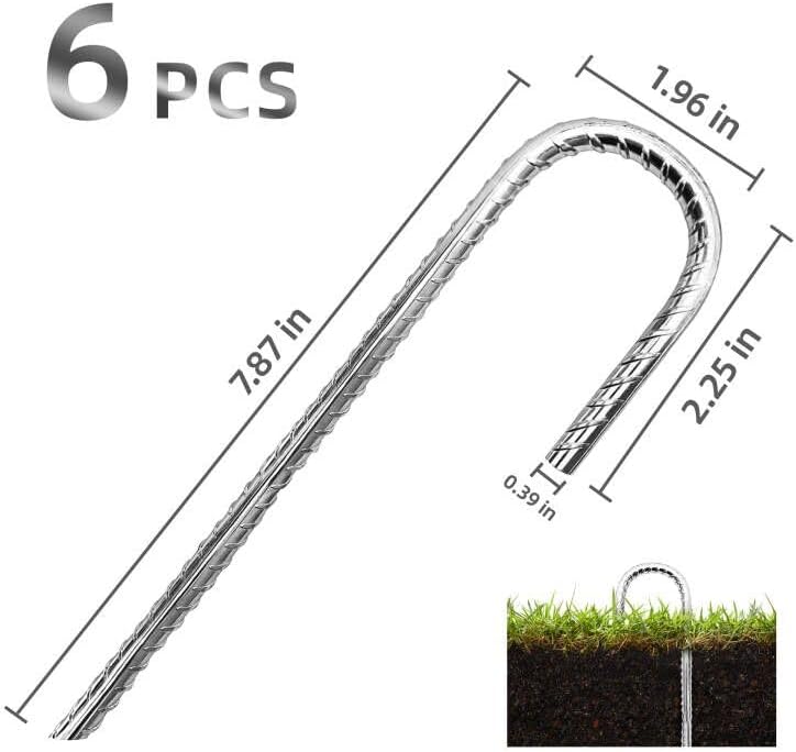 6 Pack Garden Rebar Stakes 3/8" High Thick J Hook Heavy Duty Galvanized Steel Ground Anchors Chain Link Fence Stakes for Chain Link Fence, Trampoline,Camping Tent(White)