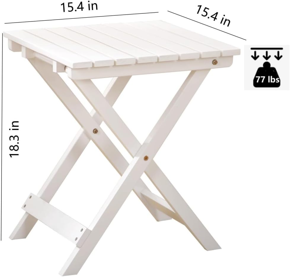 2 Pcs Small Folding Patio Side Table Outdoor Wood Wooden Small End Portable Plant Little Table for Garden Yard Porch Living Room Space Pool 15.4x15.4 x18.3 inch (White)