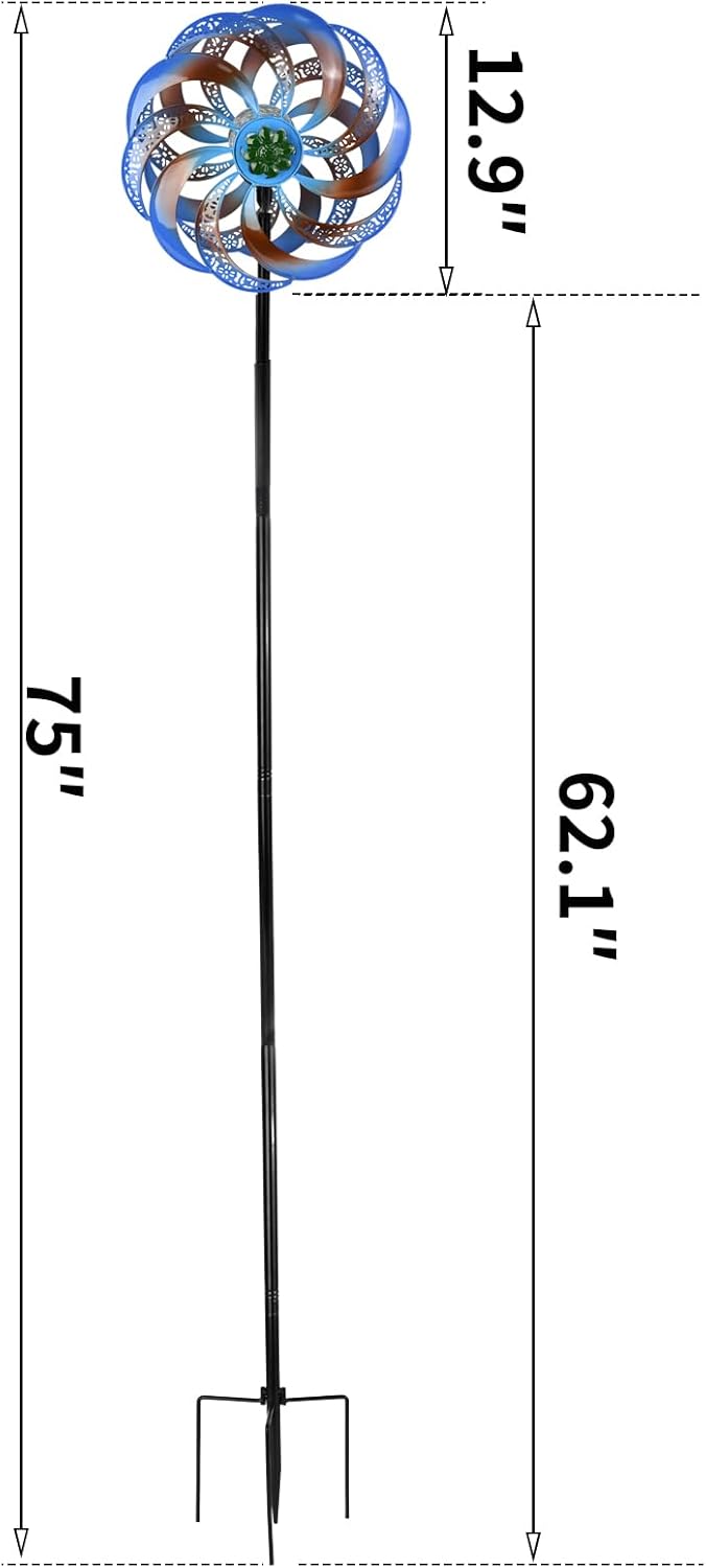 Wind Spinners Outdoor Clearance for Yard and Garden Metal Wind Spinners Outdoor 75 in Kinetic Art with Solar Powered Multi-Color Glass Ball Light for Backyard Lawn Decorations