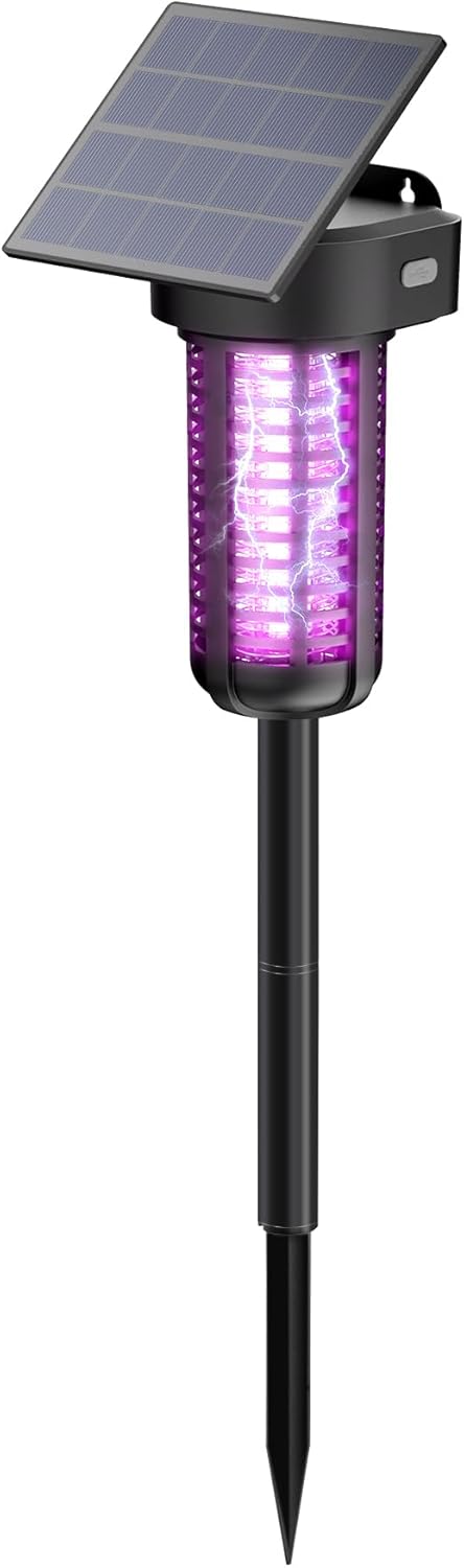 Solar Bug Zapper Outdoor, Garden Mosquito Zapper Waterproof & Cordless & Rechargeable & Auto On/Off and Manual Mode，Flying Insect Zapper Mosquito Killer Lamp Catcher for Patio Camping