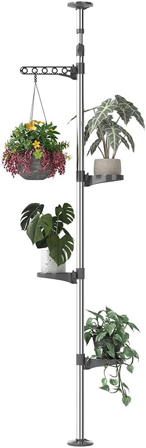 Hershii 5-Layer Indoor Plant Stand Pole Spring Tension Rod Corner Flower Display Rack Holder Adjustable Telescopic Floor to Ceiling Shelf Space Saving - Grey