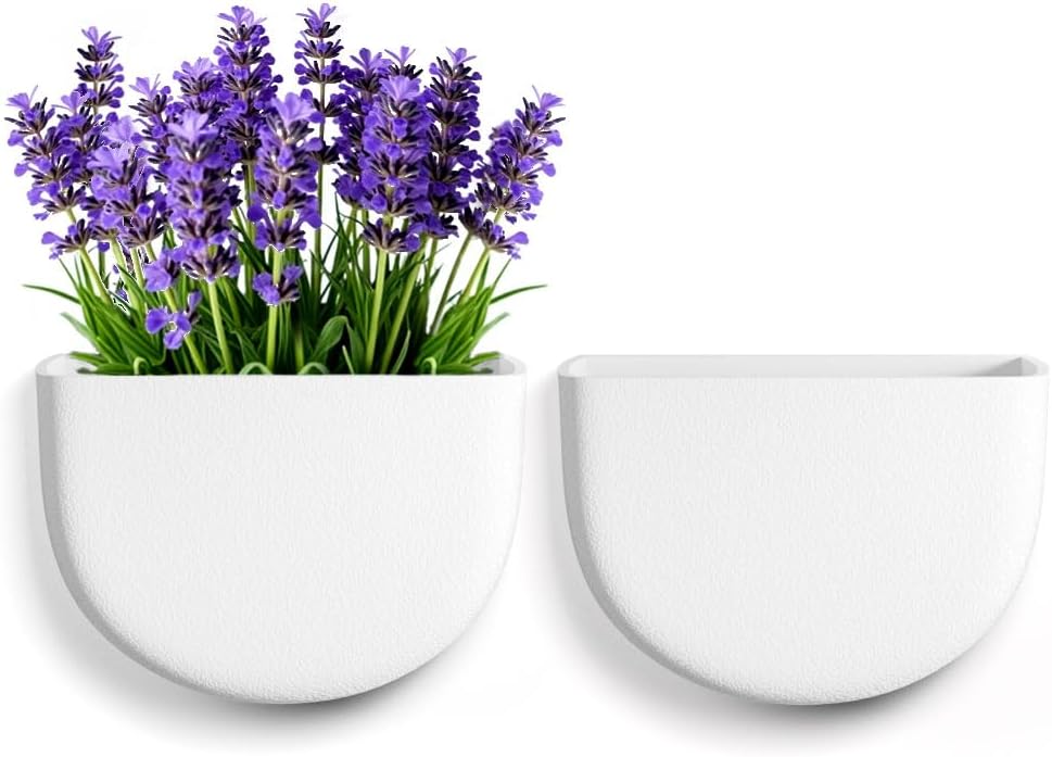 2 Pack Wall Hanging Planter Pots for Indoor and Outdoor Plants, 7 Inch Half-Moon-Shaped Plastic Wall Planter, Wall Mounted Succulent Planters (White)