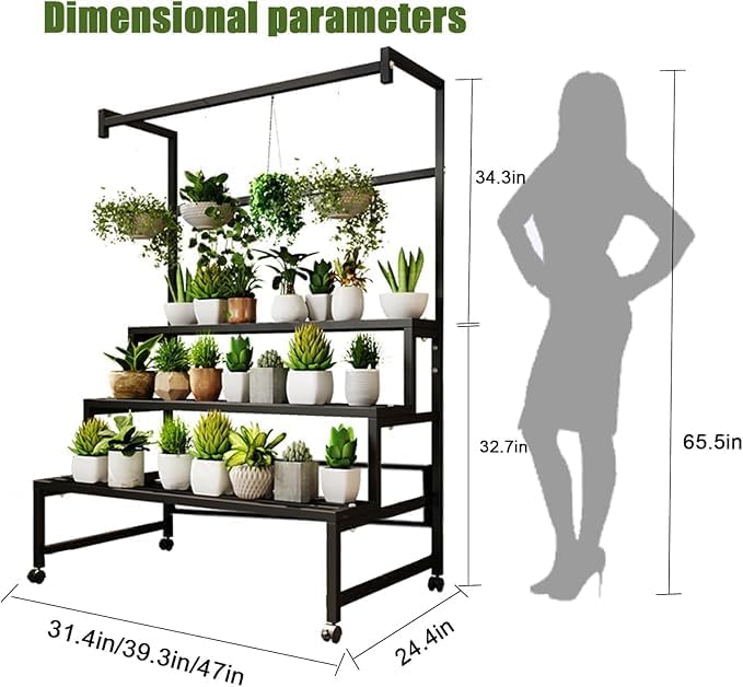 39in Large Metal Plant Stand, 3 Tier with Hanging Tall Plant pot shelf (67in), with Rollers Heavy Duty Plant Holder, for Home/Garden/living room/balcony (BLACK, 39IN)