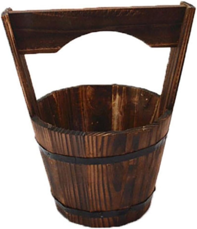 HANABASS Wooden Bucket Barrel Rustic Patio Pots Water Wishing Well Pail Vintage Style Primitive Planter Container for Garden Home Patio Backyard, 10.6x9.0 inch