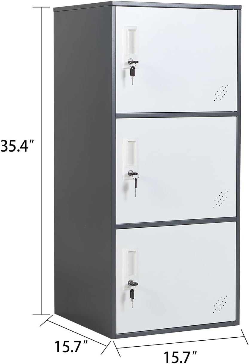 3 Door Metal Vertical Storage Locker for School, Office, Home,Gym,Stackable Steel Storage Cabinet with Lock,Anti-Falling Device. (3 Door, Grey)