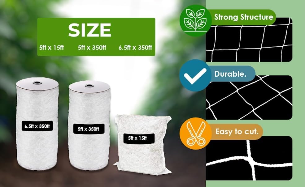 OLDMACDONALD Heavy-Duty Polyester Garden Trellis Netting Plant Climbing Net for Growing Vines Plants Vegetables Fruits Flowers, 5-Feet by 15-Feet (60" x15' / 1.52m x 4.5m) (mesh 6"x6" / 15cm x 15cm)
