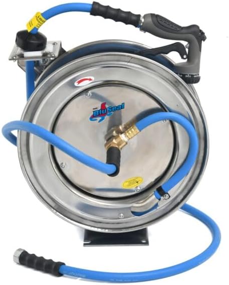Auto Retractable Water Hose Reel with Hot & Cold Water Rubber Garden Hose, Spray Nozzle - Ultra Light, Super Strong with 6' Lead-in Hose (1/2" x 50' Stainless Steel)