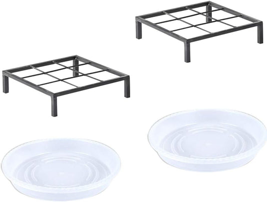 9.8" Metal Heavy Duty Potted Plant Stand Flower Pot Holder with Saucer Indoor Outdoor Rustproof Iron Garden Container Square Supports Rack for Planter ,2 Pack(iron color )