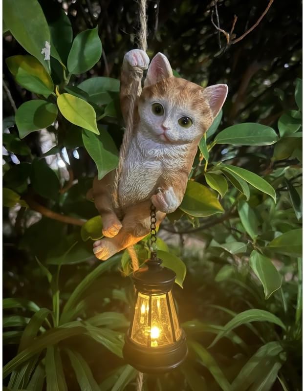 Cat Garden Decor Outdoor Statues Resin Climbing Twine with LED Light Waterproof Hanging Animal Figurine for Garden Wall Balcony Tree Decoration Gift