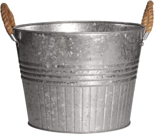 Headwind Round Galvanized Bucket w/Rope Handles – 10 Inch Metal Tub Bucket Planter for Outdoor Plants with Drainage Hole – Galvanized Large Outdoor Planters Buckets by Robert Allen