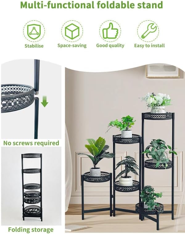 6 Tier Metal Plant Stand Indoor Outdoor, Corner Tall Plant Shelf for Multiple Plants, Foldable Heavy Duty Plant Holder, Decoration Flower Stand for Living Room Balcony Patio Garden- BlackWave