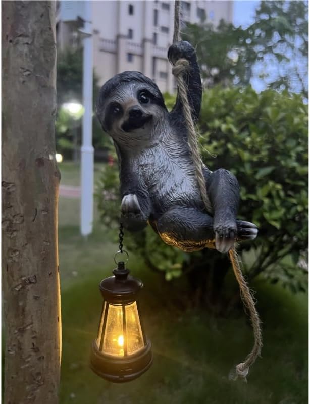 Sloth Garden Decor Cute Wild Animal Outdoor Sculpture Resin Climbing Twine with LED Light Waterproof Hanging Animal Figurine for Garden Wall Balcony