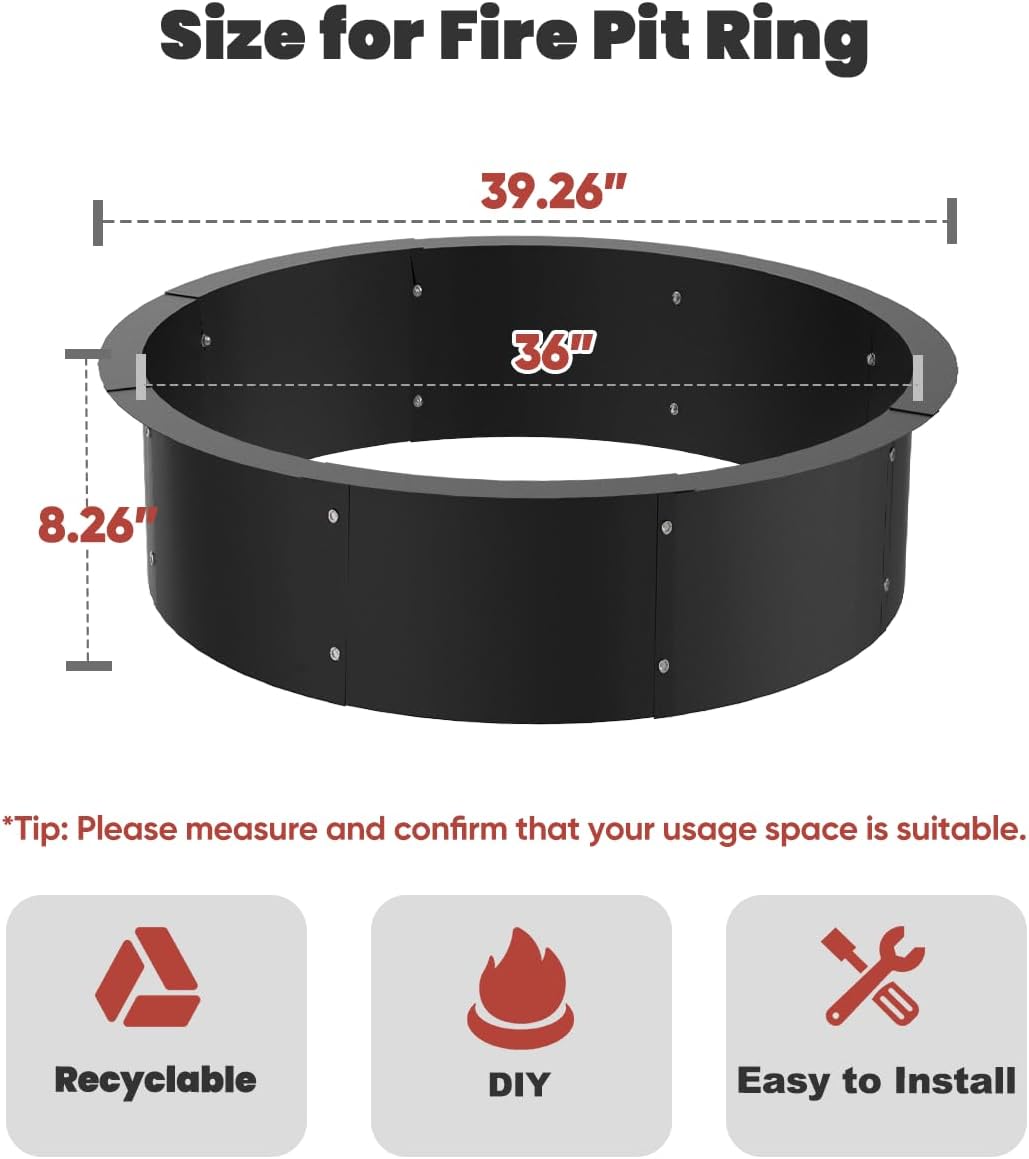 36 Inch Inner Round Fire Pit Ring Insert for Outside Wood Burning, 40 Inch Outer 36 Inch Inner DIY Outdoor Fire Pit Liner Ring for Garden, Patio, Backyard or Camping, 1.5mm Thick Metal Steel