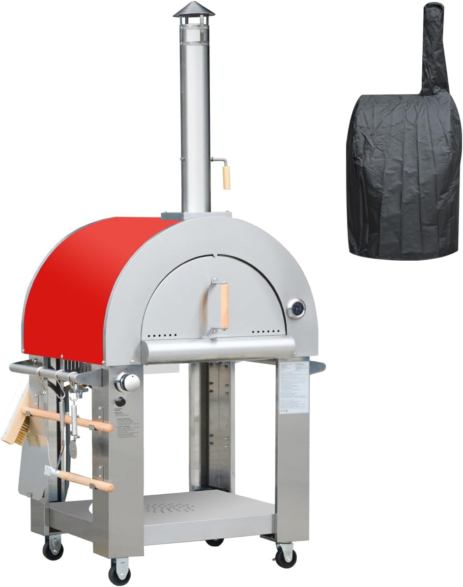 32.5 inch Propane Gas and Wood Fired Pizza Oven with Waterproof Cover, Large Stainless Steel Pizza Oven for Outdoor, Backyard and Party (Red)
