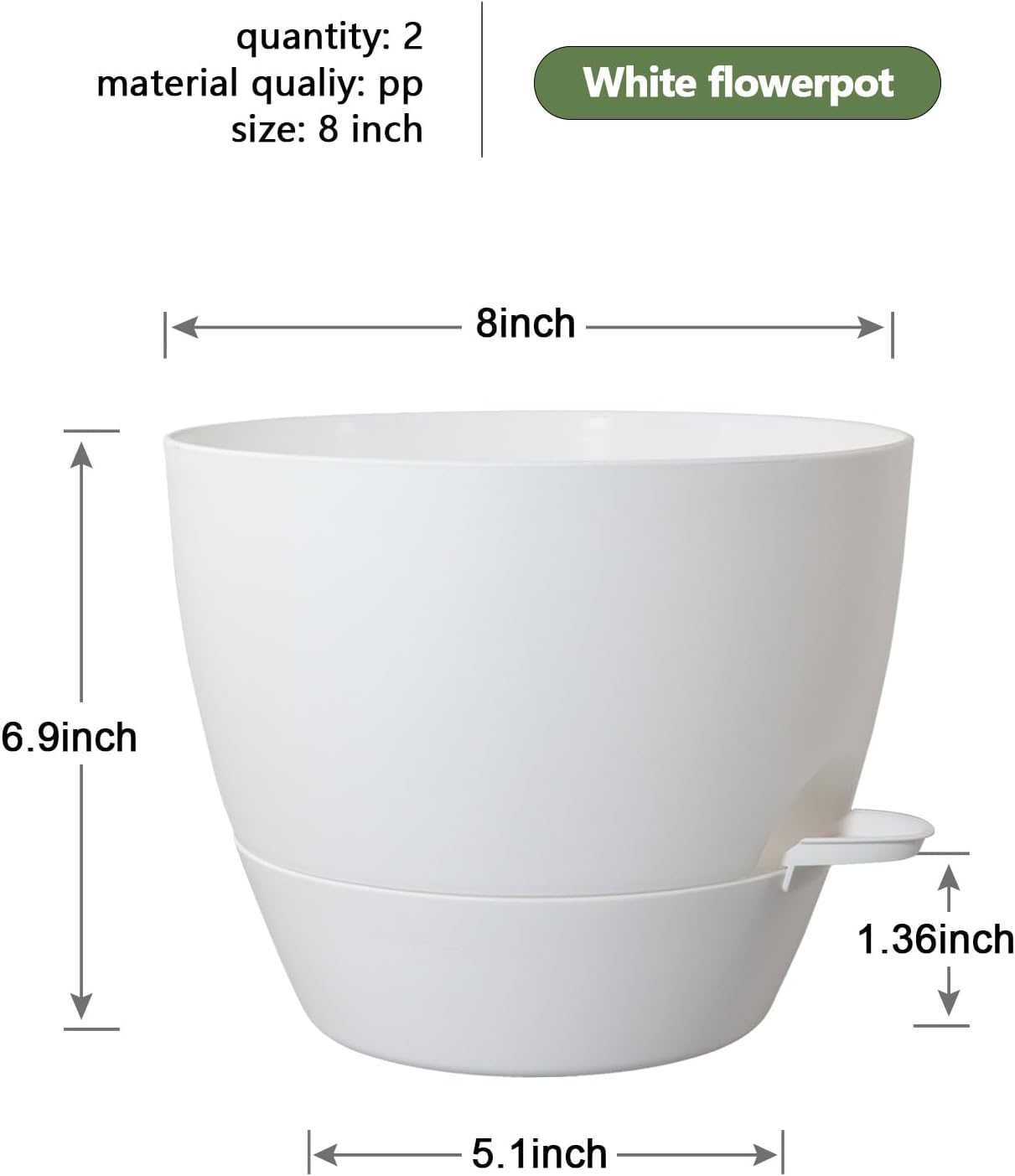 8 inch Self Watering Pots, Planter, Plant Pots with Mesh Drainage Holes for Indoor Outdoor House Plants and Garden, 2 Pack Plastic Flower Pots with Deep Reservoir for Patio Porch, White