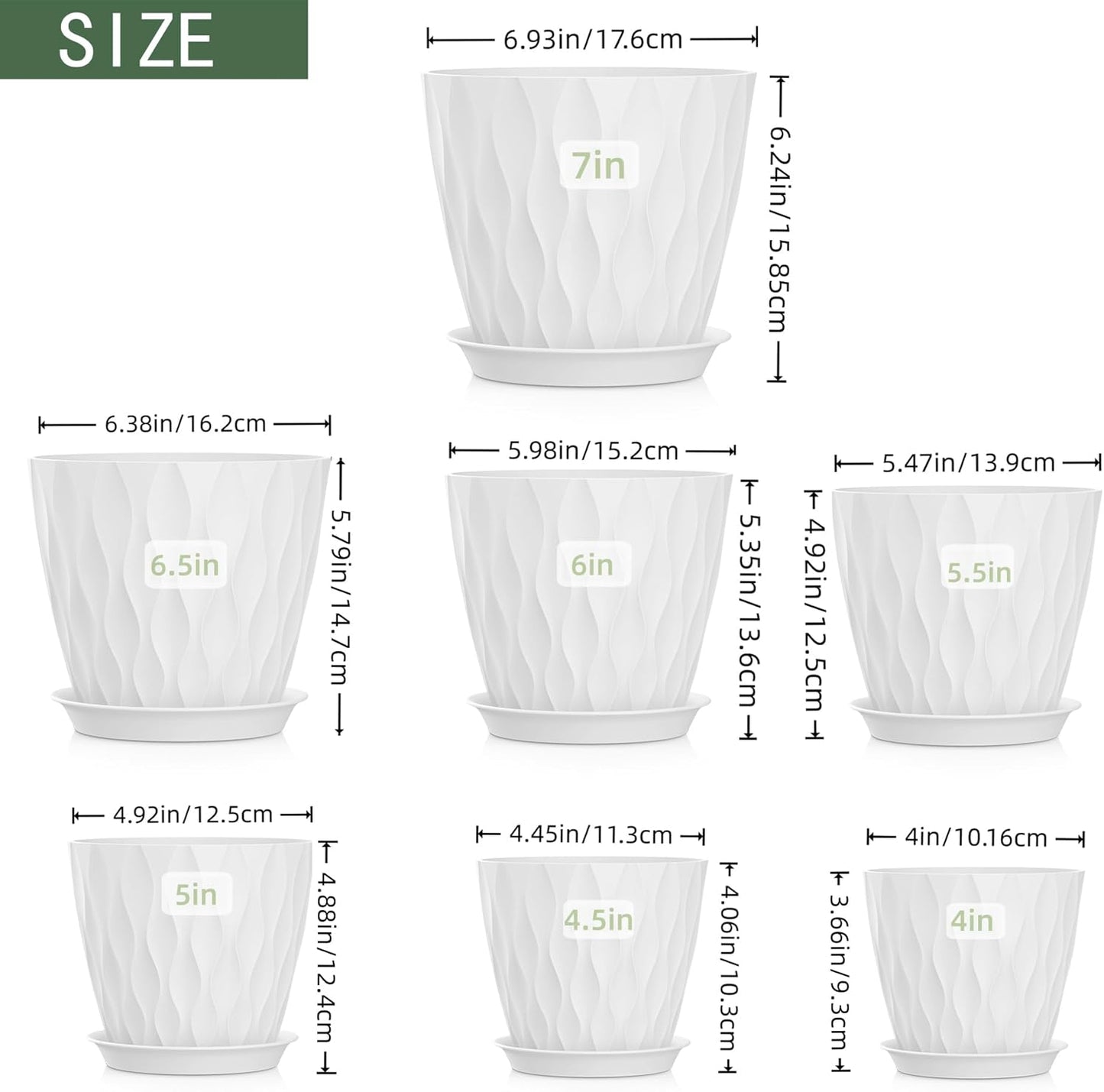 4/4.5/5/5.5/6/6.5/7 Inch Plant Pots,7 Pack Flower Pots with Drainage Holes and Trays,Plastic Planters for Indoor Outdoor Plants Growth,White