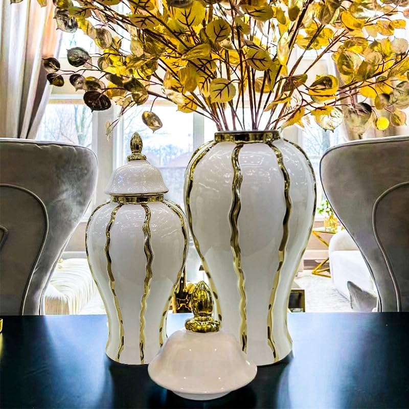 Ginger Jar, White Gold Ceramic Vase Large Handmade Porcelain Vases with Lid, White Gold Decorative Flower Vase for Home, Living Room, Weddings, Centerpieces (18in with Lid)