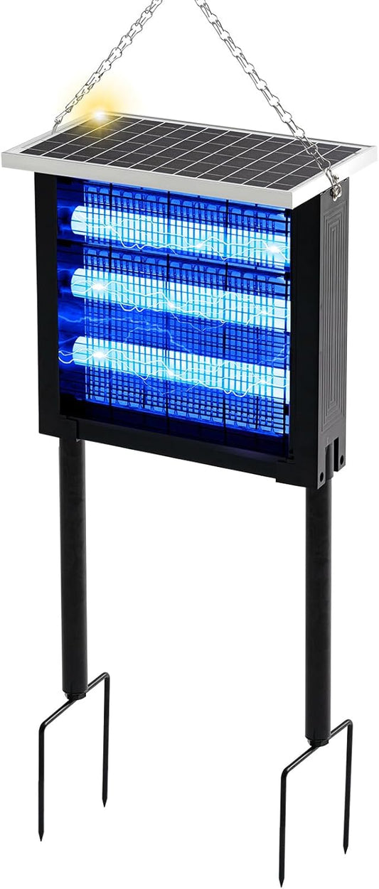 Qualirey 1 Pcs Solar Bug Zapper Outdoor Waterproof Mosquito Zapper with 3000v High Powered Rechargeable Electric Mosquito Killer with Grounding Bracket Fly Insect Trap for Patio Garden
