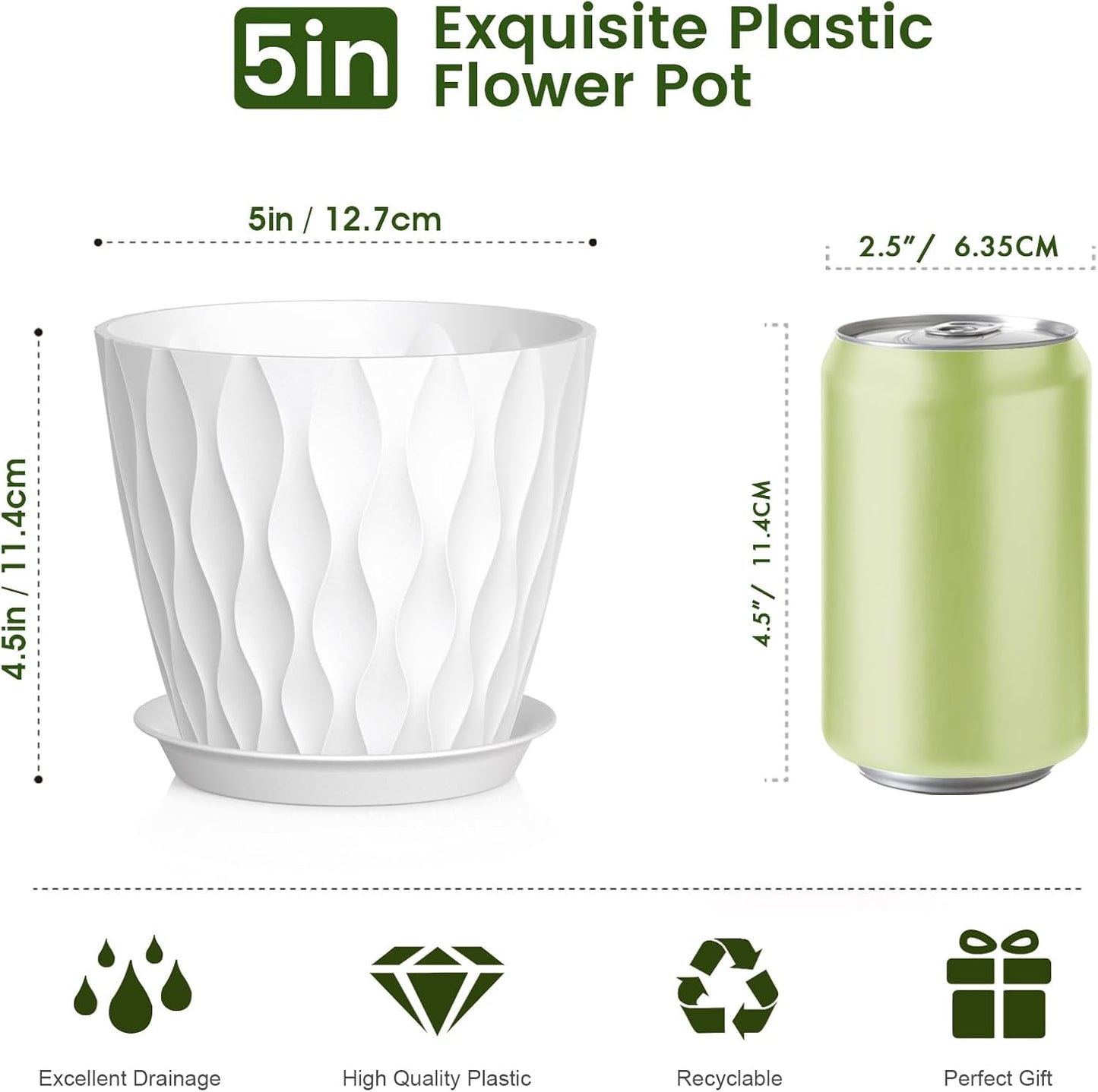 5 inch Plant Pots for Indoor Outdoor Plants, 6 Pack Thick Nursery Pots with Drainage Holes and Saucers, 3D Modern Wave Texture Small Plastic Planter Flower Pots for Succulent, Herb, White