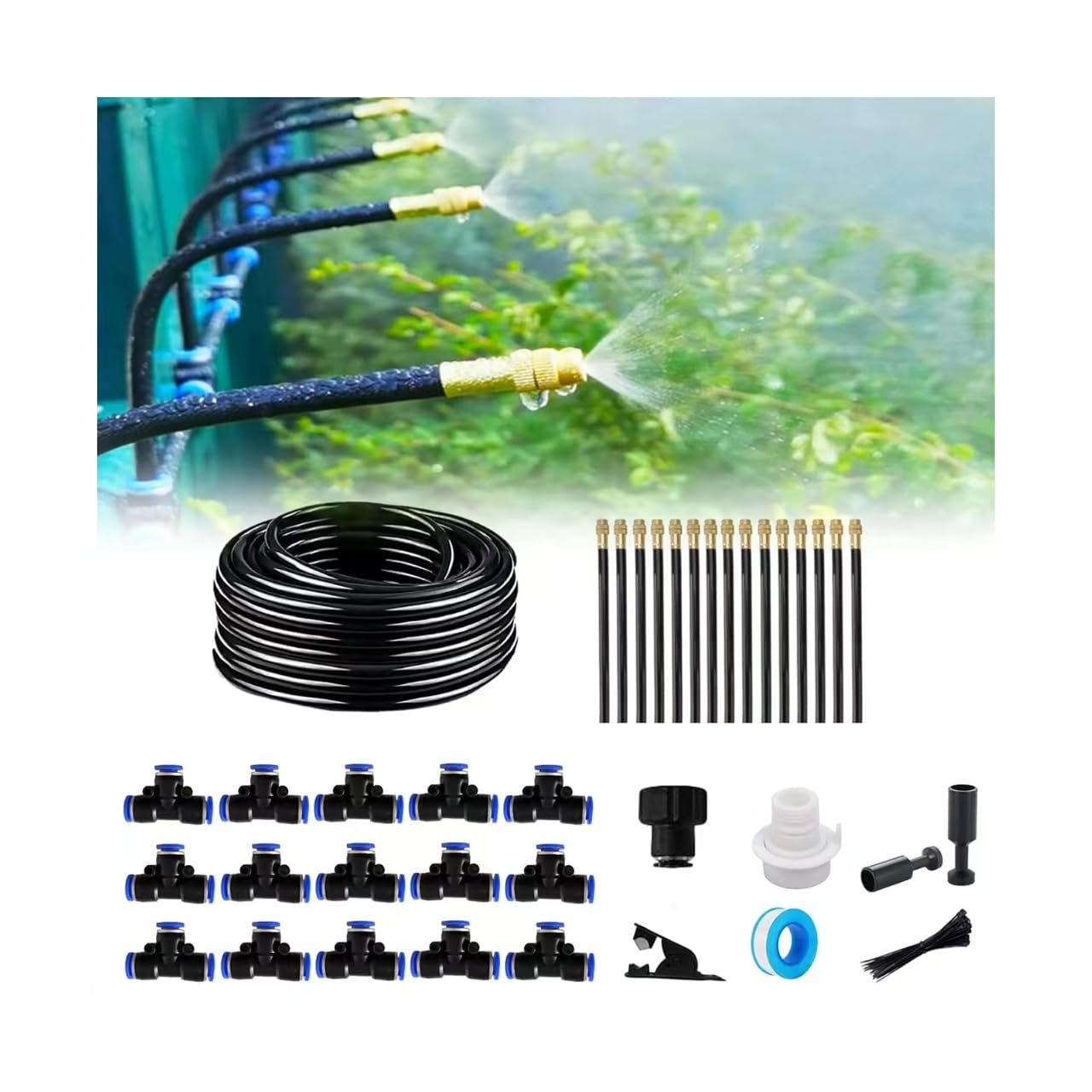 New drip Irrigation kit, Automatic Garden Watering System, Quick Connector and 360-degree Bending Dropper atomizing Copper Nozzle, Garden Plant Lawn Courtyard Watering System. (15 Spray nozzles)