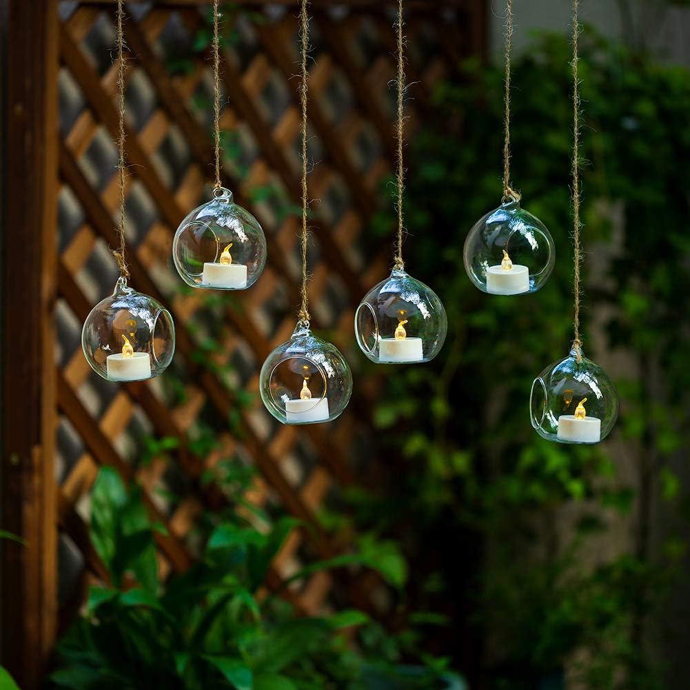24 Pcs 3.15"/ 8cm Hanging Glass Tealight Holder Globe with LED Tealight, Plant Terrariums Glass Orbs Air Plants Tea Light Candle Holders Home Decor Indoor Outdoor Garden DIY Gifts (24 Pcs)