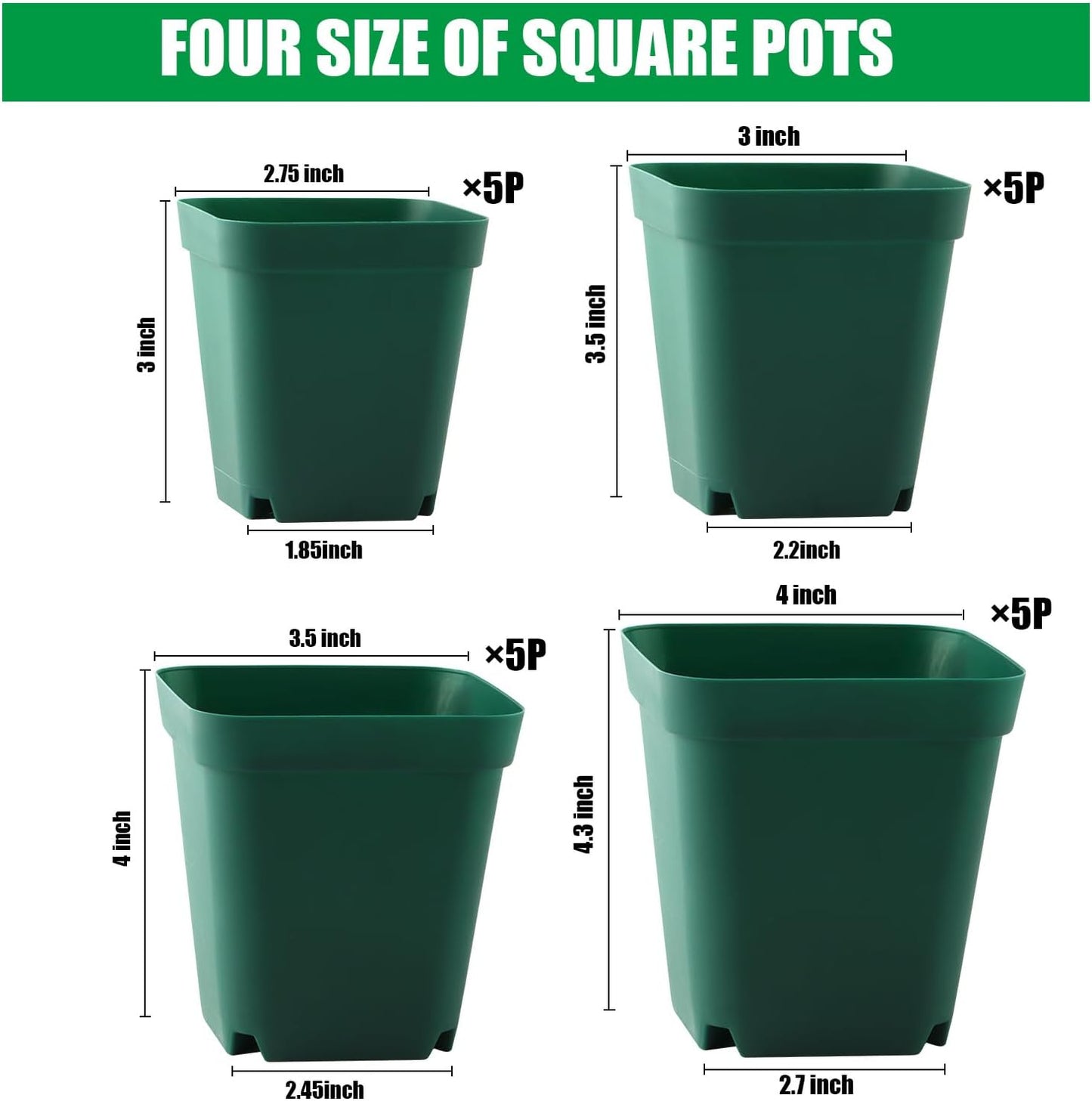 Square Nursery Pots Clearance (2.7", 3", 3.5", 4") with Drainage Holes 20 Pcs, Plastic Seed Starting Pots, Sturdy and Durable Seedling Pots for Planting, Cuttings and Transplanting, Green