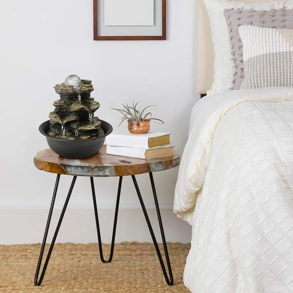 8.3" High 4-Tier Cascading Rock Falls Tabletop Water Fountain with LED Light & Spinning Ball - Indoor Small Waterfall Feature for Office, Home and Bedroom Desktop Decor Dark Grey