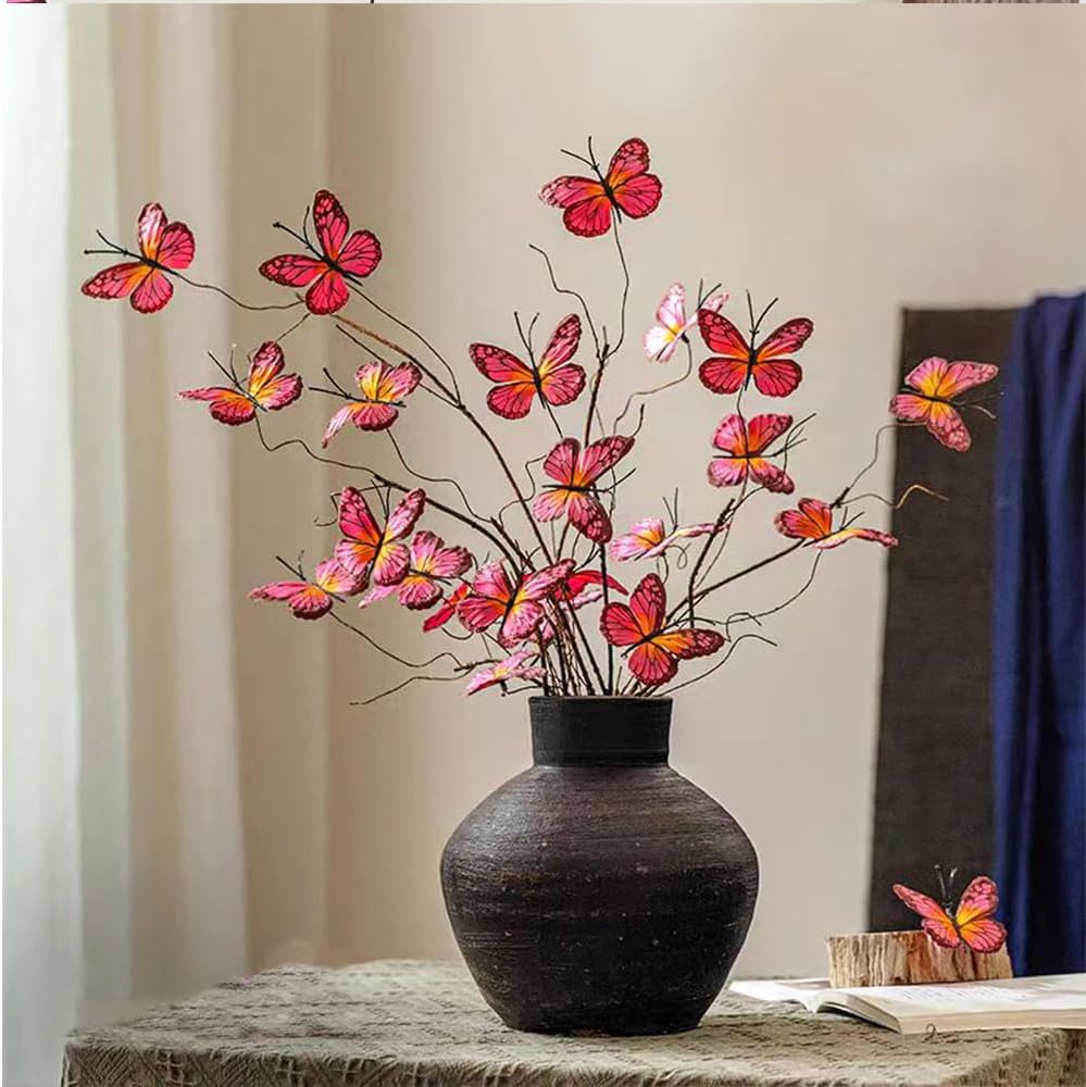 Artificial Butterfly Branche, Simulation Branch Stems with Fake Butterfly Floral Arrangement for Vase Filling Home Office Party Decoration (red)