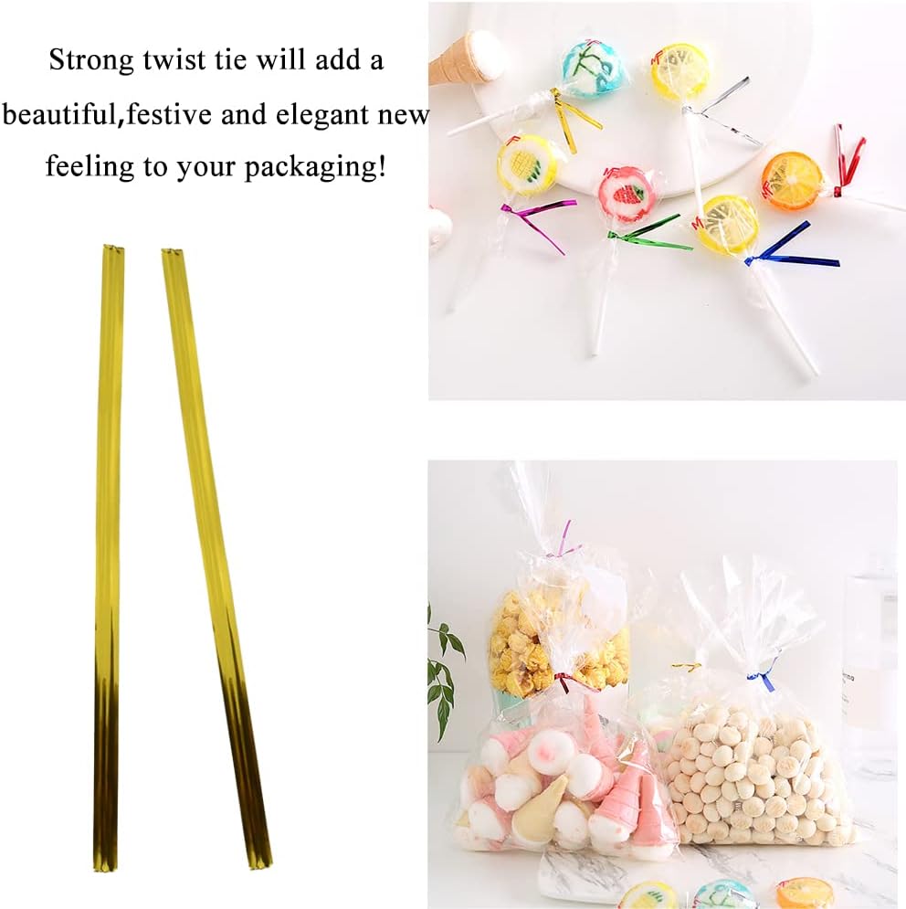 HAHIYO 300Pcs 4 inches Gold Metal Twist Ties Bread Candy Coffee Bag Ties Plant Garden Twist Ties for Cellophane Treat Bags Gift Wraping Bags Plastic Bags Halloween Party Cake Present Art Crafts
