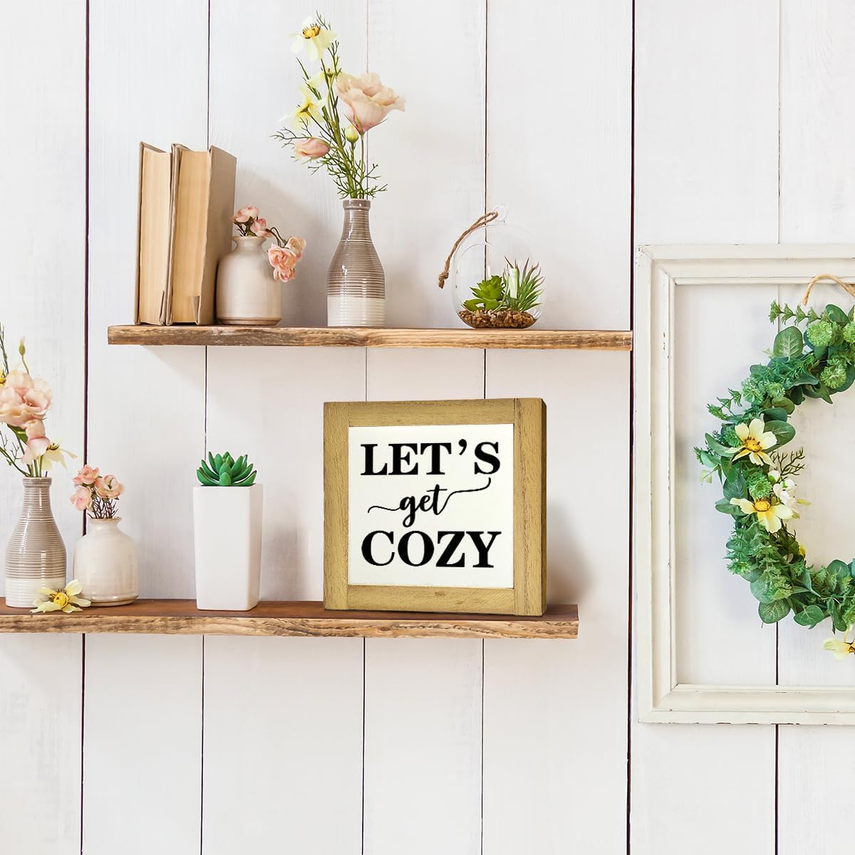 Inspirational Wood Signs, Box Wood Plaques Desk Décor, Farmhouse Home Decor Sign for Shelf, Family Table Decor for Kitchen Bedroom Dining Room, Living Room Decor, Housewarming Gift, Let's Get Cozy D