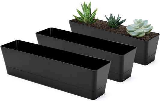 GREANER 3PCS 16x3.8 Inch Window Boxes Planters, Black Rectangle Planters Box with Drainage Holes and Trays, Herb Succulents Flowers Plastic Pot for Windowsill, Garden, Balcony, Indoor, Outdoor Decor