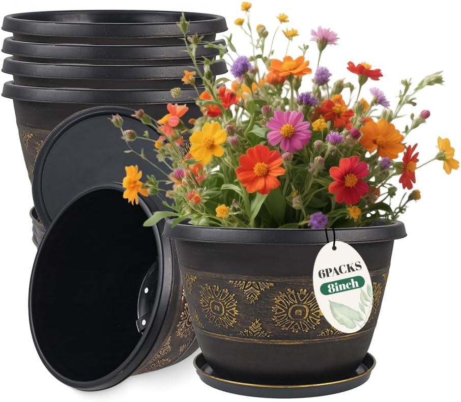 6 Pack 8 inch Plant Pots, Retro Pattern Planters with Drainage Holes and Saucer, Sturdy Plastic Garden Flower Pots for Indoor & Outdoor Plants