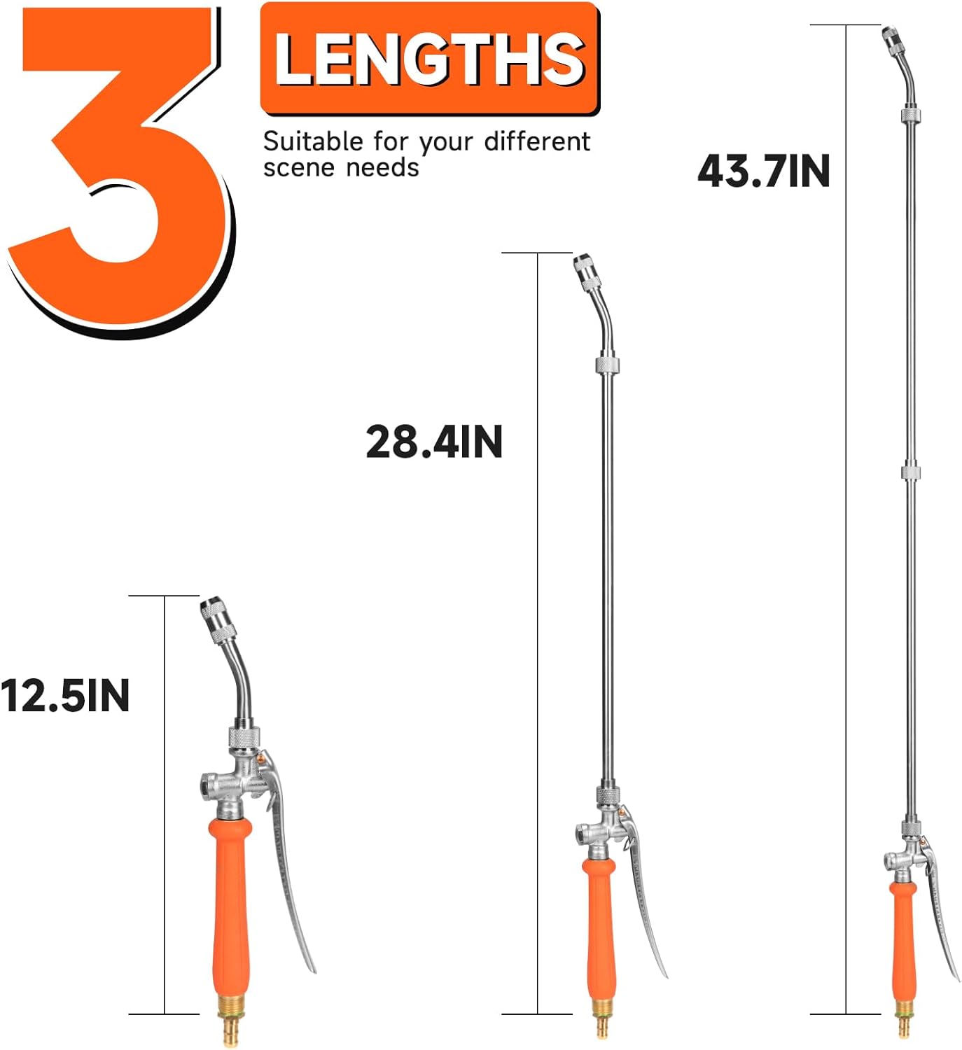 All Metal 44 Inches Replacement Sprayer Wand, Garden Hose Watering Wand with 3/4'' Brass Connector, 1/4" & 3/8" Brass Barb for Most Sprayer Hoses, Built-in Stainless Steel & 2 Hose Clamps