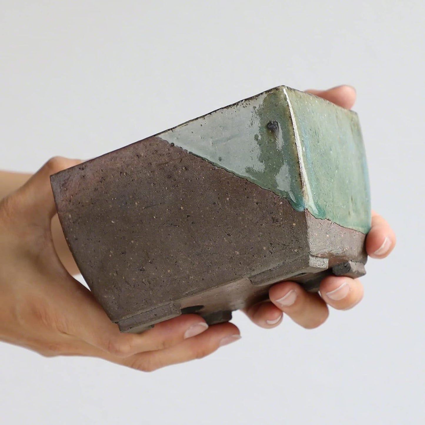 Wazakura Tokoname Series Small Handmade Rectangular Glazed Bonsai Pot with Drainage Holes 5.3 in (135 mm) Made in Japan, Ceramic Training Container and Planter - Brown Green