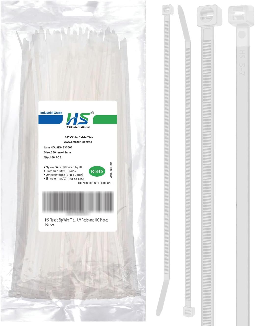HS 14 Inch Zip Ties White 50 Pounds Tensile Strength Wide Straps (100 Pack) Nylon PA66,Self-Locking Long Electrical Plastic Cable Wire Zipties for Outdoor Use,Multi Purpose
