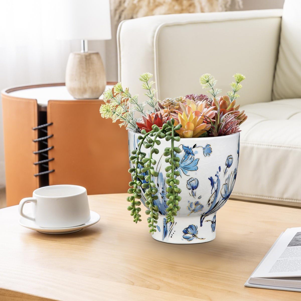 7.6/5.5 Inch Decorative Flower Pots, Blue and White Plant Pot Gold Accent Ceramic Planters for Indoor Plants Pots with Drainage Retro Planter Pot for Succulents Cactus Herb Snake Plants Outdoor Garden