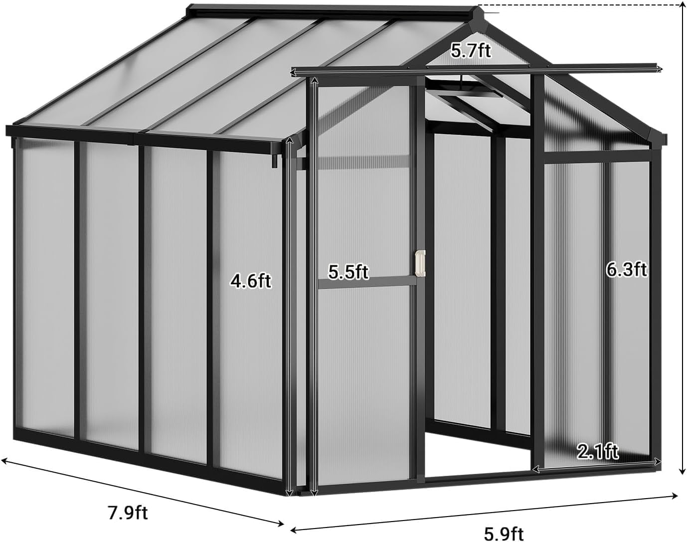 Greenhouse, 6x8 Ft Outdoor Greenhouses with Roof Vents and Sliding Doors, Aluminum Frame Polycarbonate Accessible Greenhouses, Suitable for Outdoor Gardens and Backyards, Black