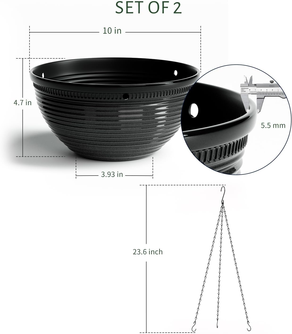 2 Pack Hanging Planters for Indoor Outdoor Plants, 10 Inch Hanging Planter with Drainage Hole & Plug Glazed Hanging Baskets Flower Pots for Garden Home (Black)