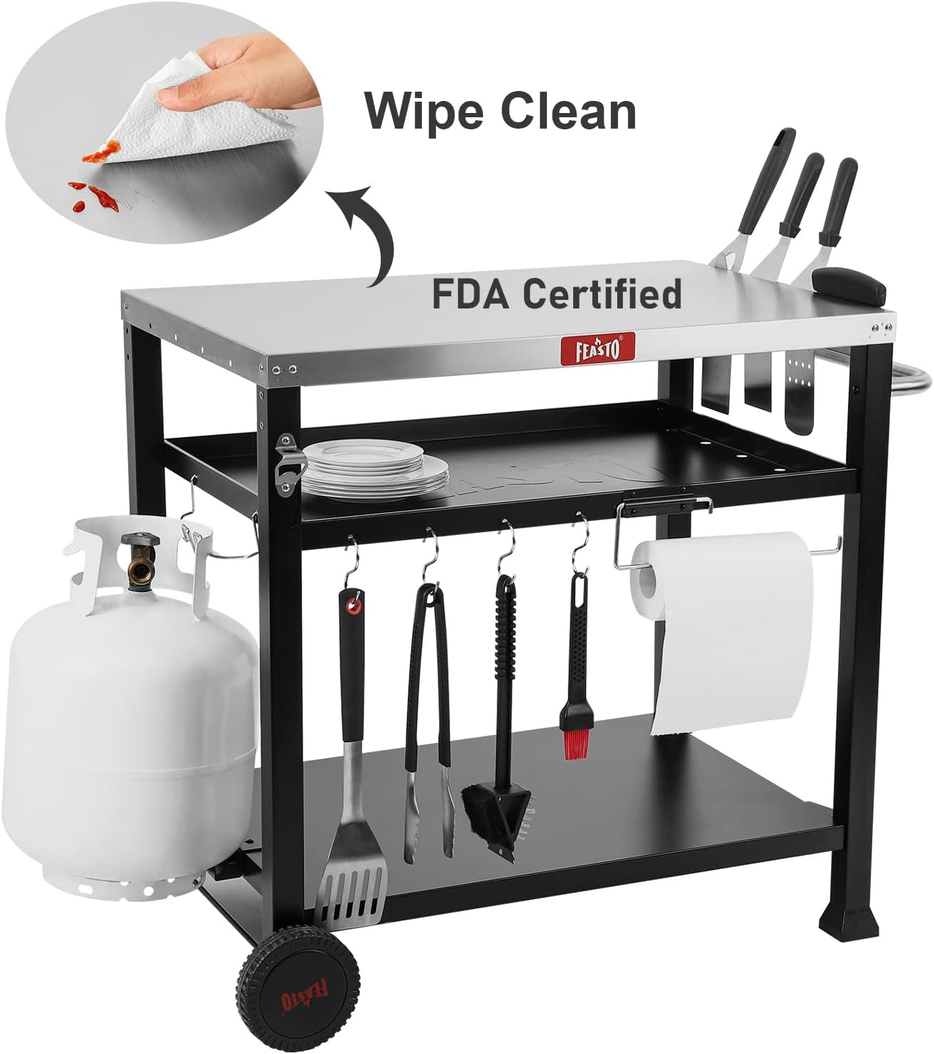 3-Shelf Outdoor Grill Table,Pizza Oven Table for Outside,Movable Grill Cart with Wheels,Indoor & Outdoor Cooking Station, Pizza Oven Stand for Ooni Blackstone Griddle 33.5”x 21.7”