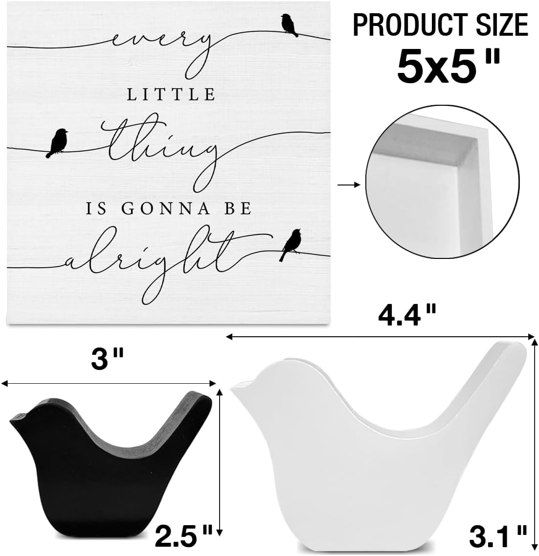 Every Little Thing is Gonna Be Alright Birds Wooden Box Sign Farmhouse Wood Box Sign Spring Art Blocks Desk Shelf Tabletop Home Decor (with 2 Wood Bird Statues)