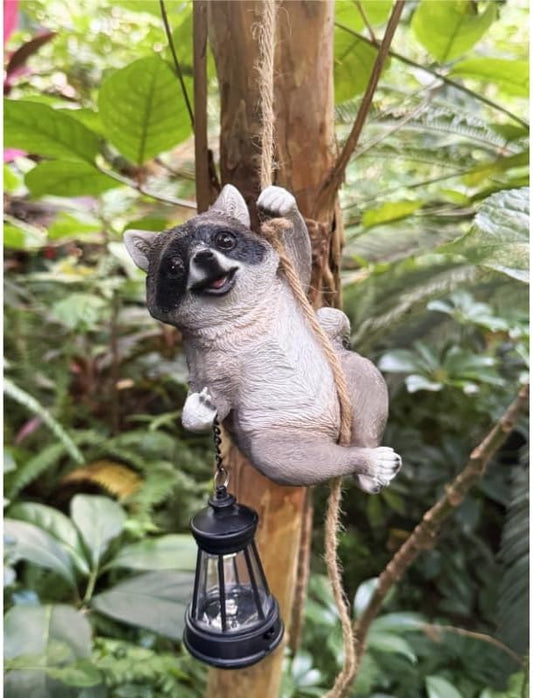 Raccoon Garden Decor Outdoor Statues Resin Climbing Twine with LED Light Waterproof Hanging Animal Figurine for Garden Wall Balcony Tree Decoration Gift