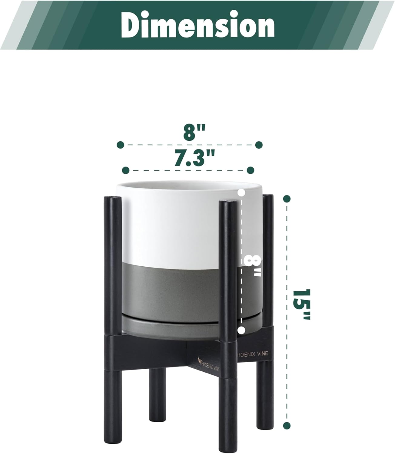 D'vine Dev Ceramic Planter with Ebony Stand - 8 Inch Modern Round Flower Pot with Wood Planter Holder, White/Grey, 55-B-M-6